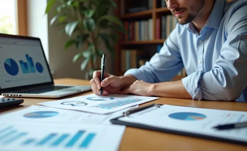 Consultor contábil trabalhando com calculadora e planilhas para definir honorários