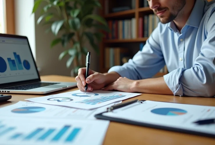 Consultor contábil trabalhando com calculadora e planilhas para definir honorários