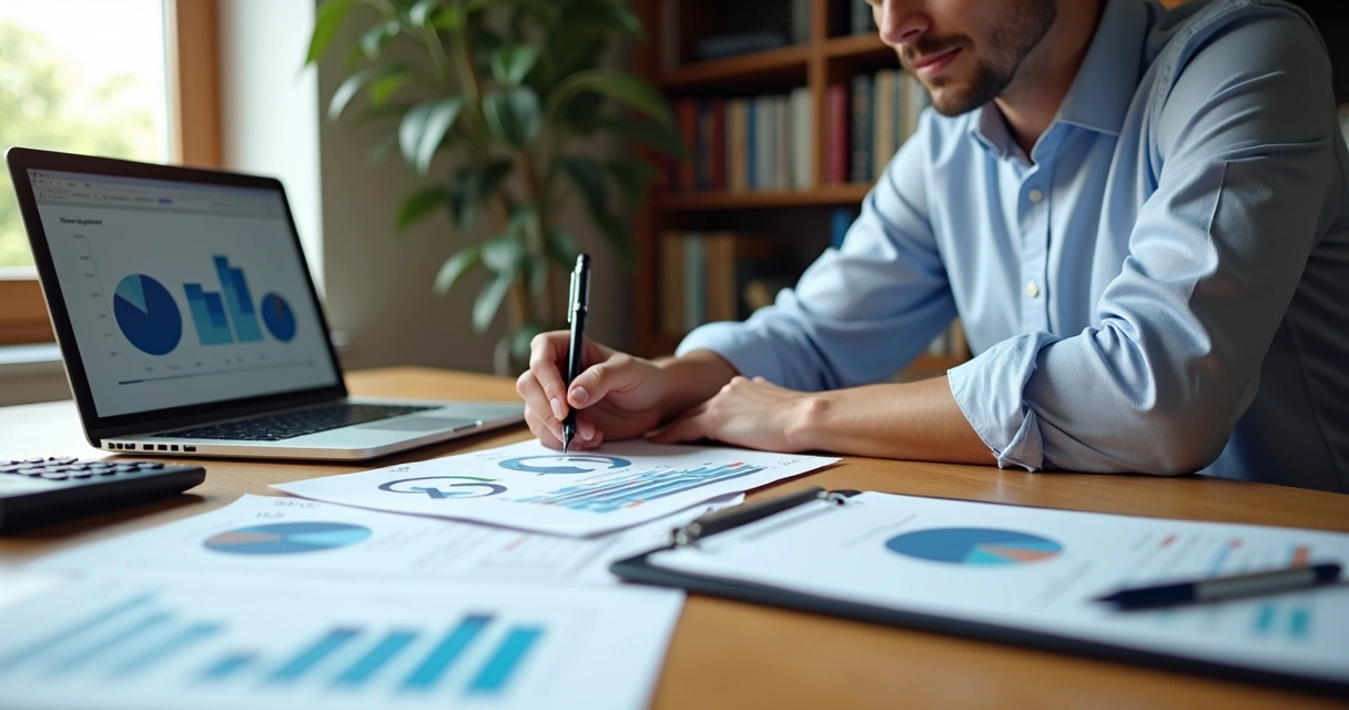 Consultor contábil trabalhando com calculadora e planilhas para definir honorários