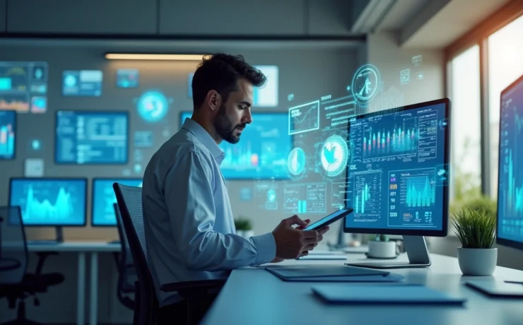Contador moderno trabalhando com tecnologia avançada em escritório contábil moderno e iluminado