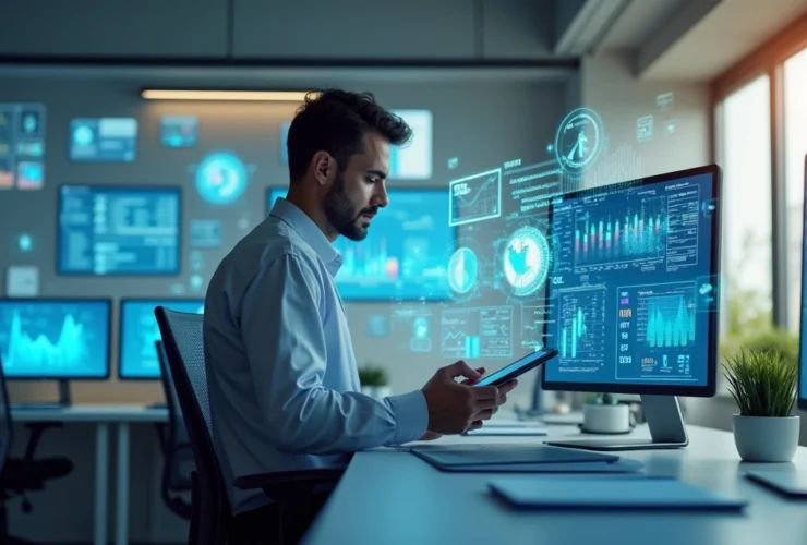 Contador moderno trabalhando com tecnologia avançada em escritório contábil moderno e iluminado