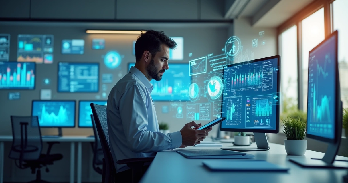 Contador moderno trabalhando com tecnologia avançada em escritório contábil moderno e iluminado