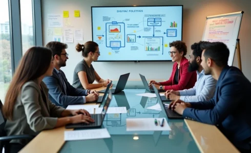 Equipe profissional reunida discutindo estratégias digitais para contabilidade em escritório moderno