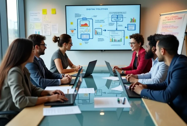 Equipe profissional reunida discutindo estratégias digitais para contabilidade em escritório moderno