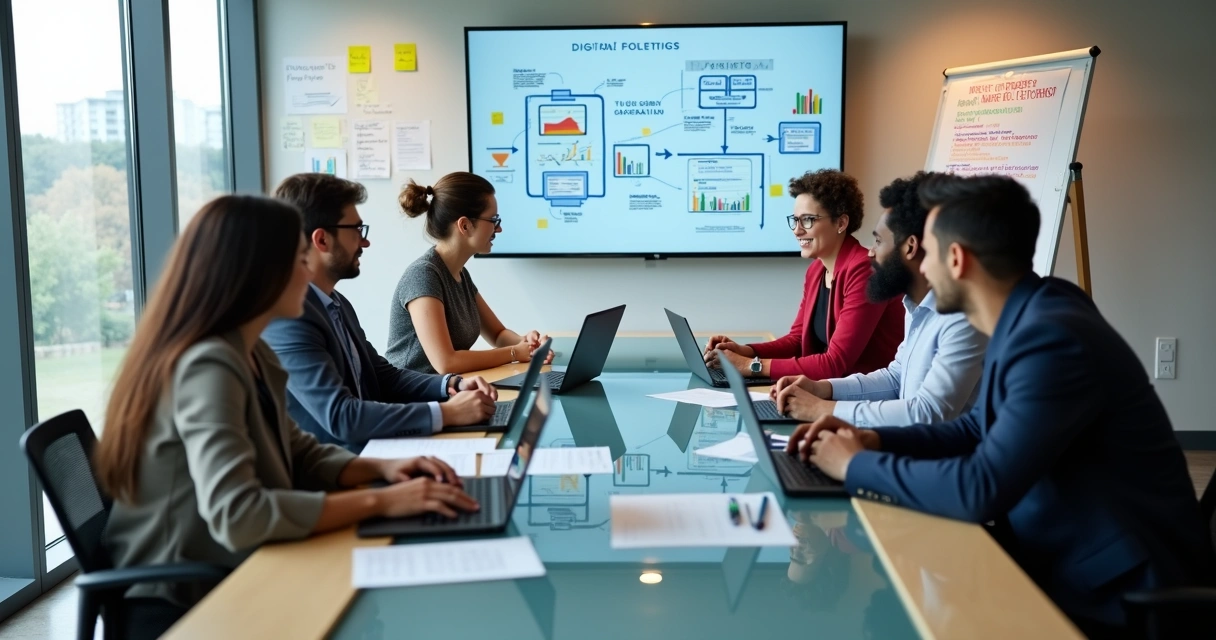 Equipe profissional reunida discutindo estratégias digitais para contabilidade em escritório moderno