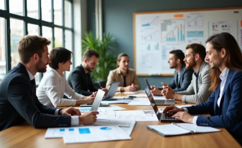Equipe de profissionais trabalhando em estratégias de vendas para contabilidade com gráficos e laptops