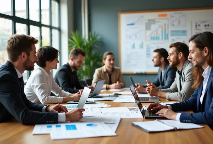 Equipe de profissionais trabalhando em estratégias de vendas para contabilidade com gráficos e laptops