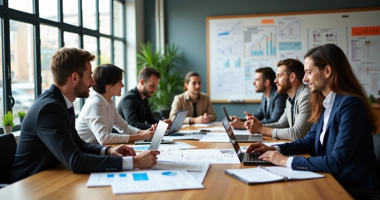 Equipe de profissionais trabalhando em estratégias de vendas para contabilidade com gráficos e laptops