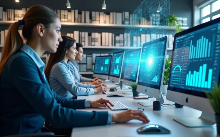 Escritório contábil moderno com profissionais usando computadores e interfaces digitais de IA