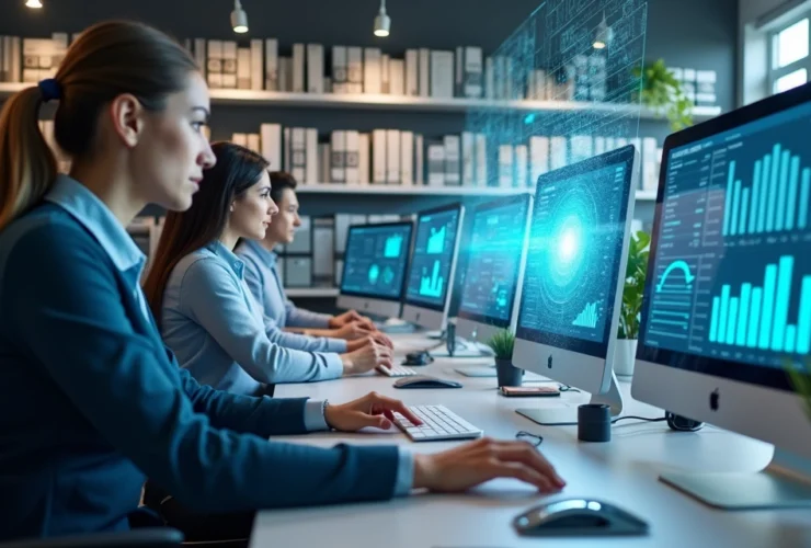 Escritório contábil moderno com profissionais usando computadores e interfaces digitais de IA