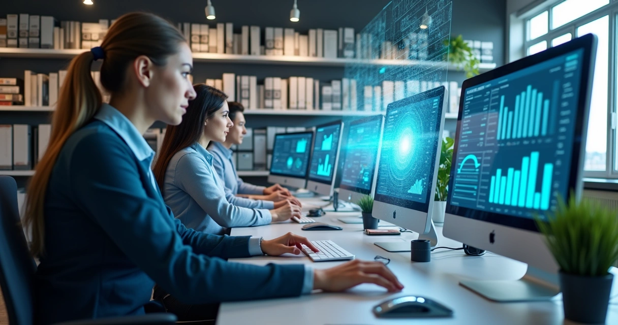 Escritório contábil moderno com profissionais usando computadores e interfaces digitais de IA