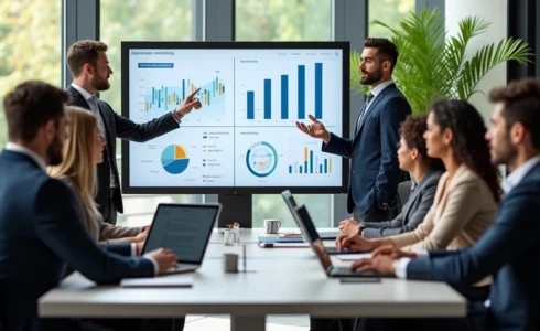 Equipe de vendedores contábeis em treinamento com ferramentas digitais e laptop