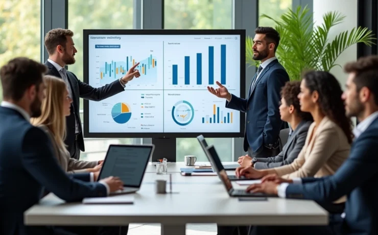 Equipe de vendedores contábeis em treinamento com ferramentas digitais e laptop