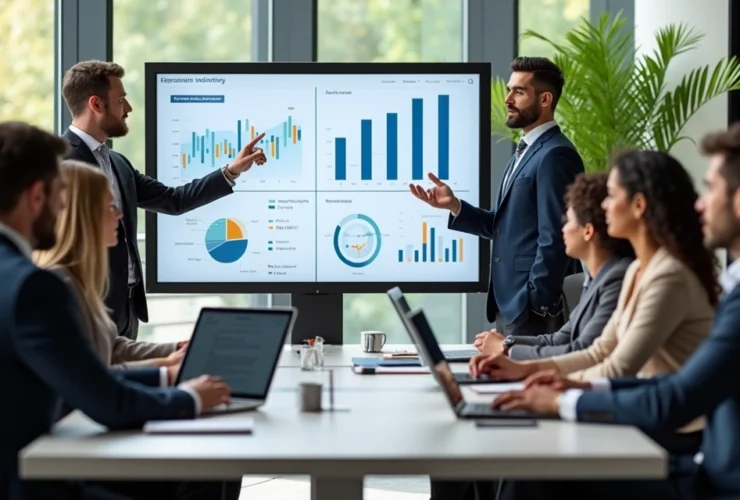 Equipe de vendedores contábeis em treinamento com ferramentas digitais e laptop