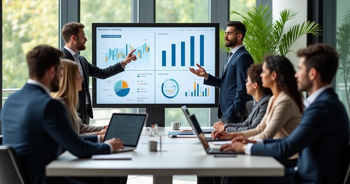 Equipe de vendedores contábeis em treinamento com ferramentas digitais e laptop