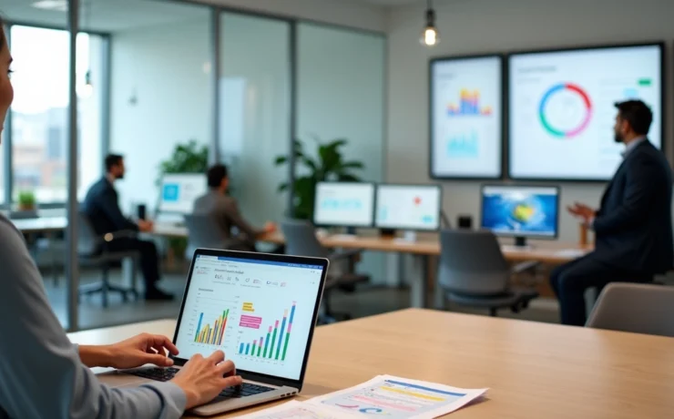 Equipe contábil em escritório moderno organizada em áreas de trabalho integradas