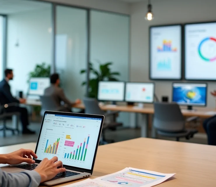 Equipe contábil em escritório moderno organizada em áreas de trabalho integradas