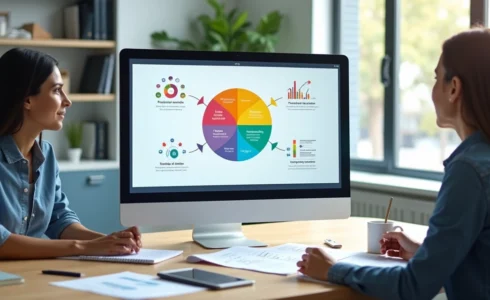 Consultor contábil analisando mapa de produtos com gráficos de vendas em escritório moderno