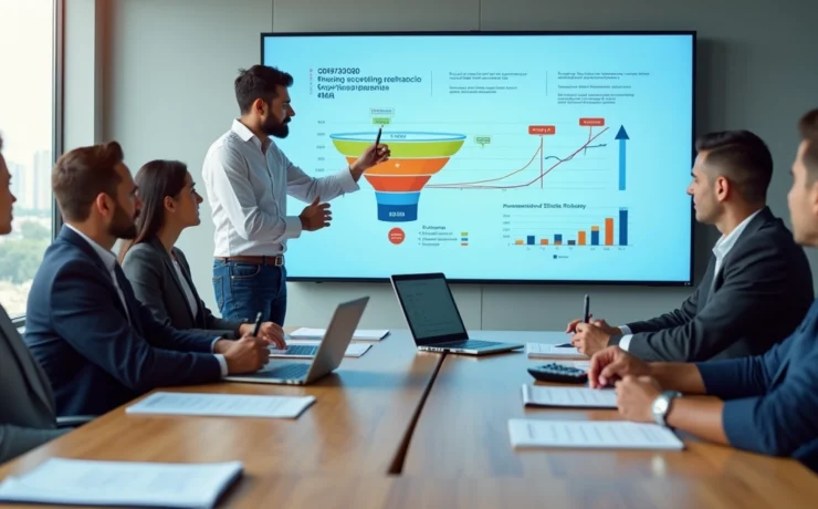 Equipe contábil analisando funil de vendas em painel digital