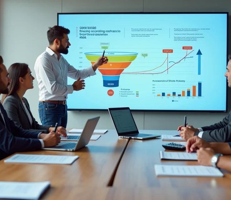 Equipe contábil analisando funil de vendas em painel digital