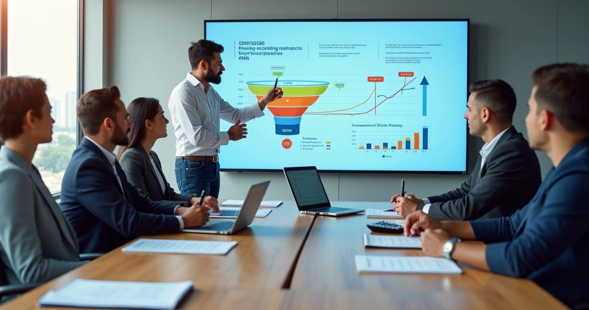 Equipe contábil analisando funil de vendas em painel digital