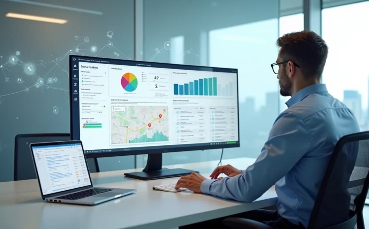 Profissional contábil analisando painel digital com dados de prospecção e inteligência artificial