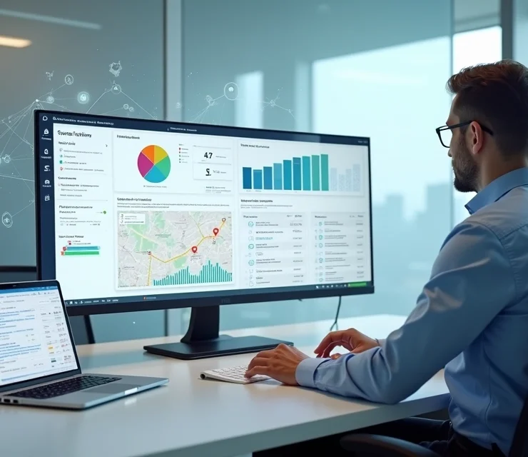 Profissional contábil analisando painel digital com dados de prospecção e inteligência artificial