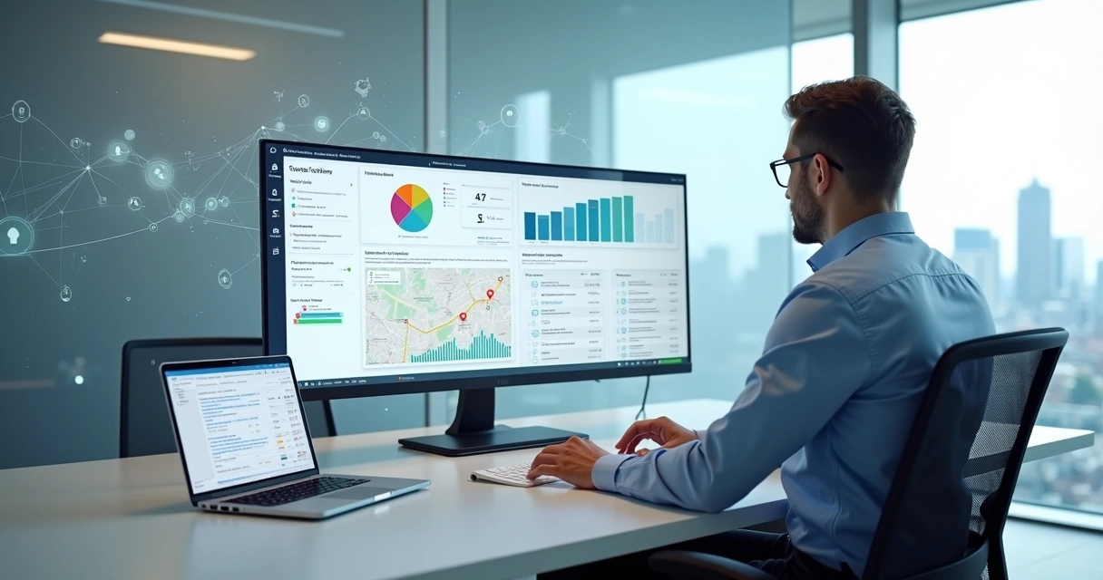 Profissional contábil analisando painel digital com dados de prospecção e inteligência artificial