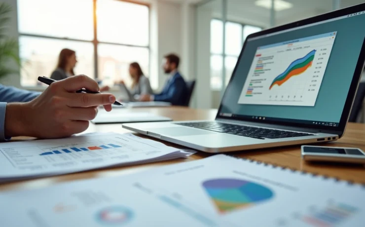 Consultor contábil em reunião analisando planilhas e funil de vendas na tela do notebook