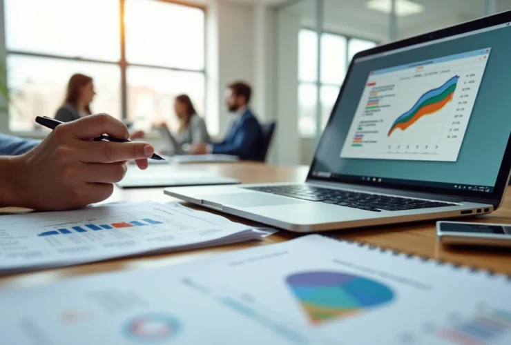 Consultor contábil em reunião analisando planilhas e funil de vendas na tela do notebook