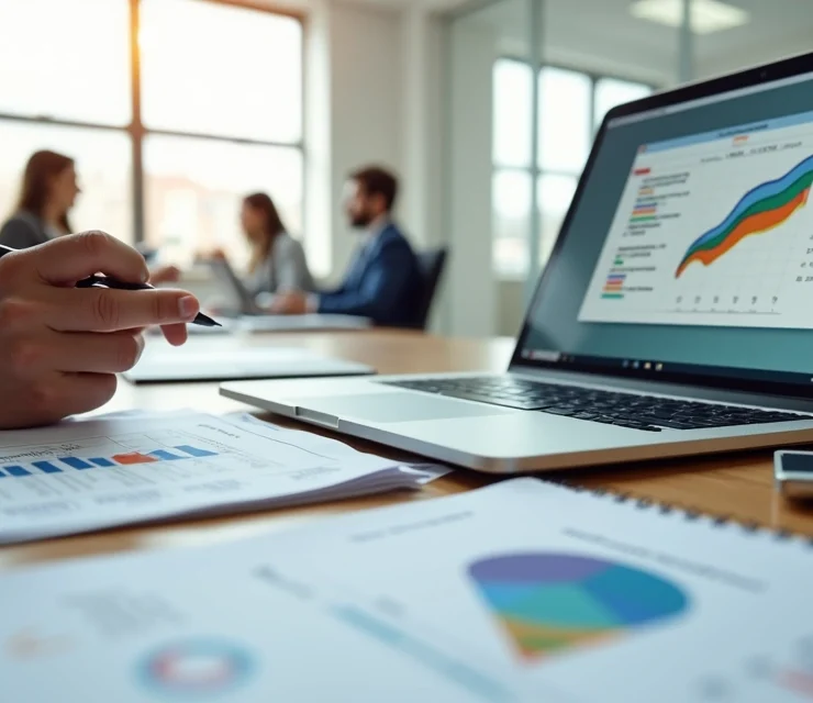 Consultor contábil em reunião analisando planilhas e funil de vendas na tela do notebook