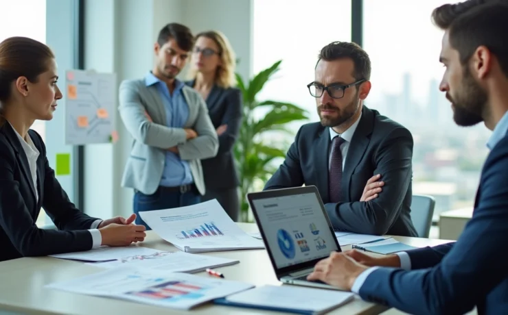 Equipe de contabilidade em reunião negociando com empresário em escritório moderno