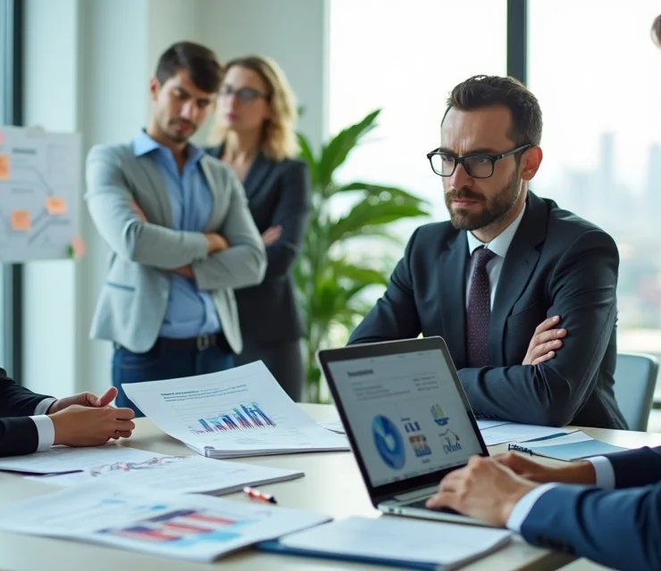 Equipe de contabilidade em reunião negociando com empresário em escritório moderno