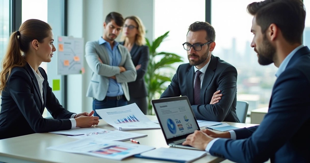 Equipe de contabilidade em reunião negociando com empresário em escritório moderno
