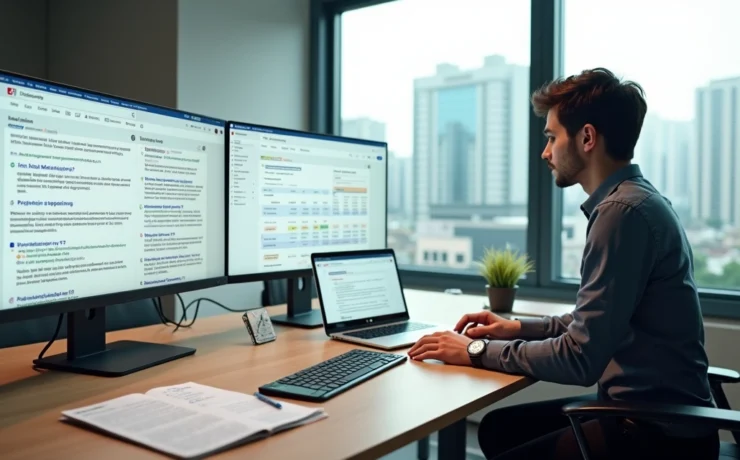 Profissional de contabilidade em escritório moderno organizando rotina comercial com telas e anotações
