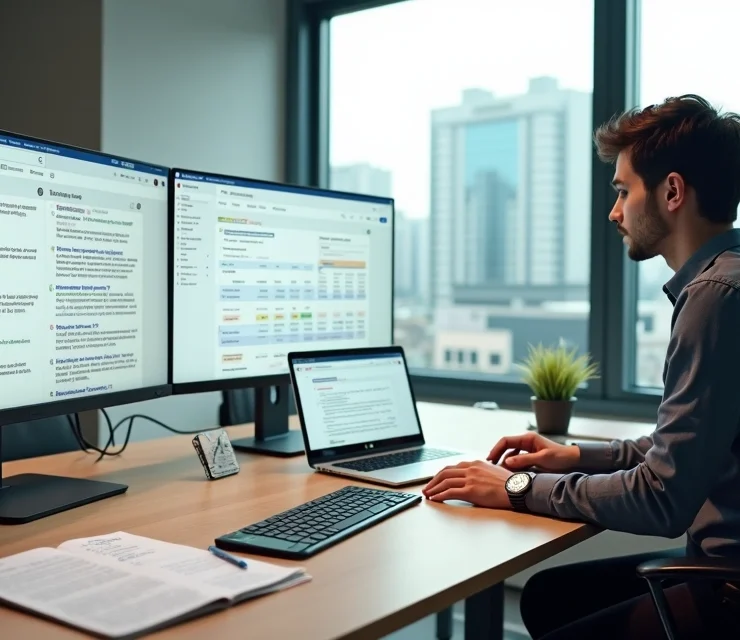 Profissional de contabilidade em escritório moderno organizando rotina comercial com telas e anotações